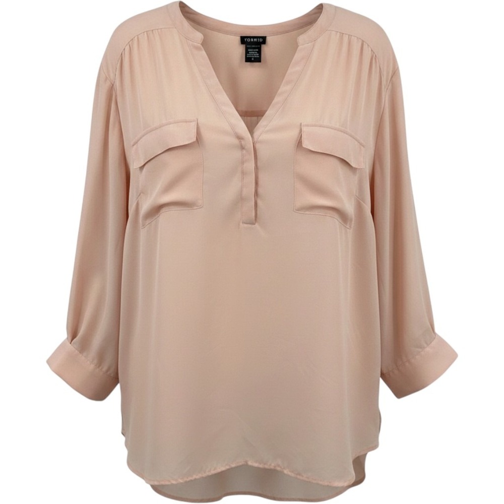 Torrid Pink Georgette Roll Tab Sleeve V-Neck Blouse Top 10696103 Womens Plus 3